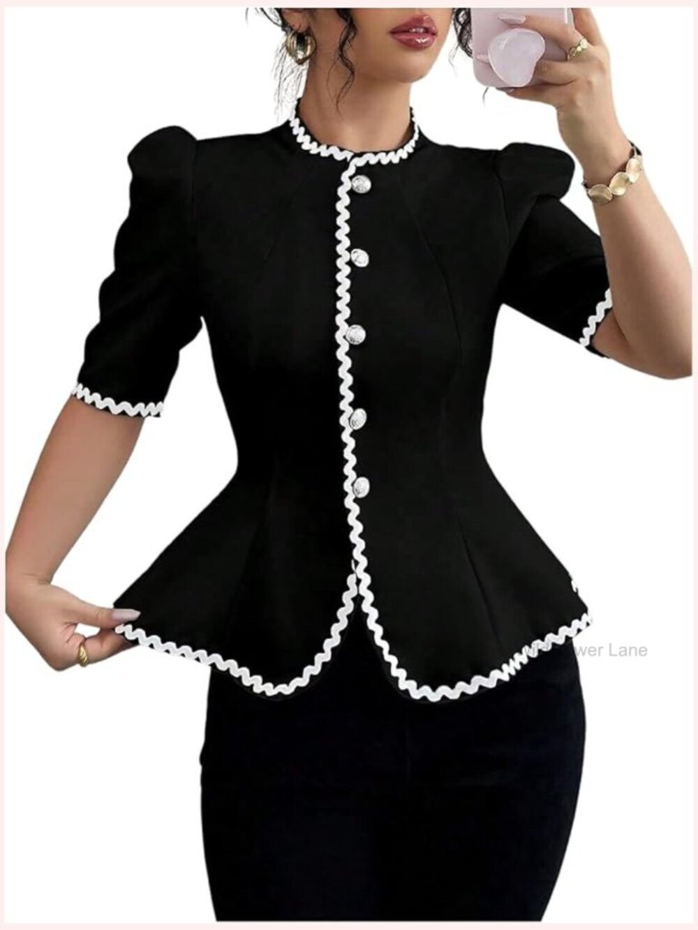 Mock Neck Button Down Blouse Color Block Puff Sleeve Ruffle Hem Top